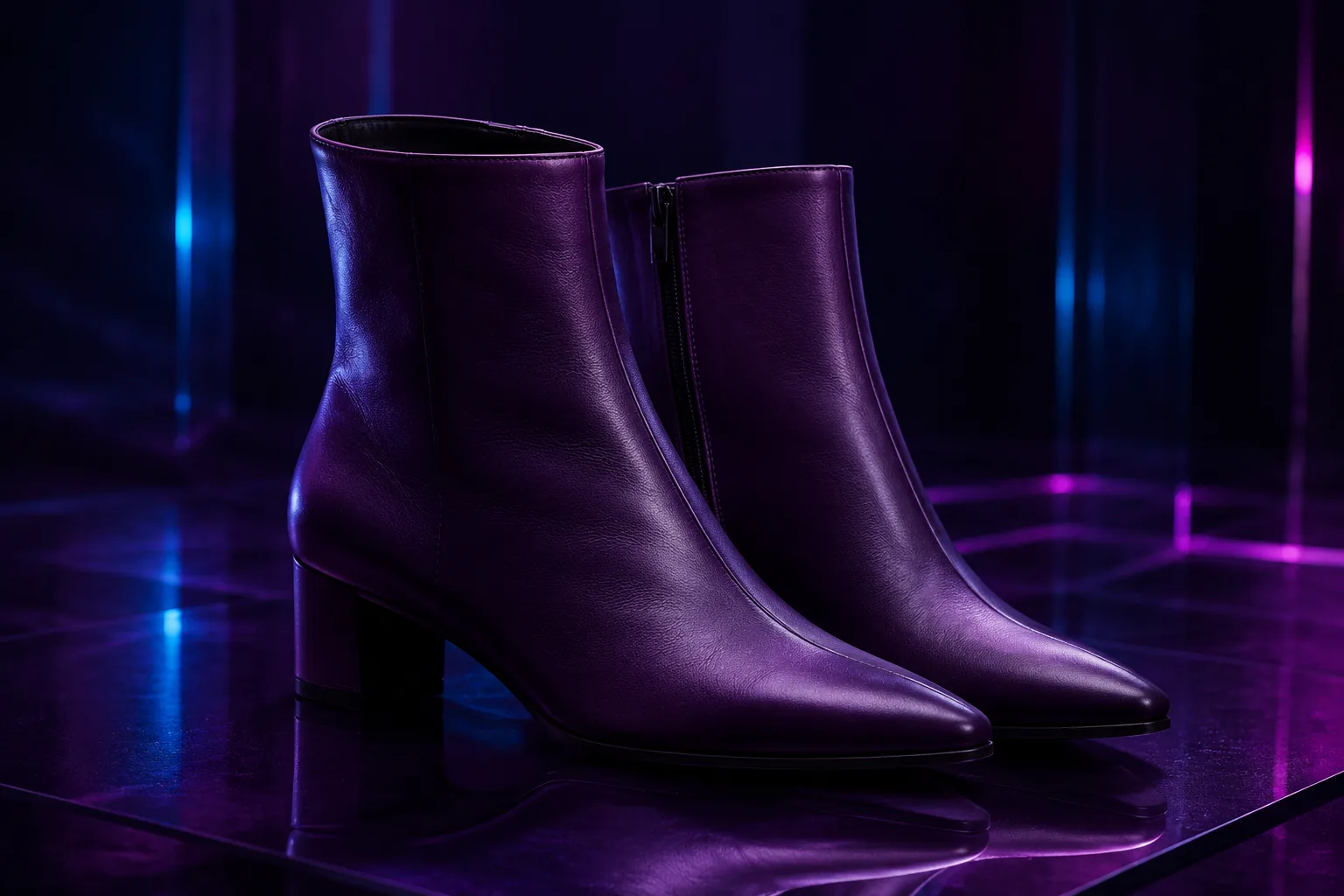 Botas Noche de piel napa violeta profundo, tacon estable de 6 cm